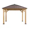 A wooden gazebo with a brown metal roof, shown from the front on a white background. Produktbild-Vorschau