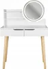 A white vanity table with two drawers and a round LED mirror. Produktbild-Vorschau