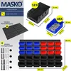 A collage of product images showing storage boxes, a wall mounting panel, and assembly hardware, with dimensions and quantities indicated. Produktbild-Vorschau