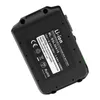 A black rechargeable lithium-ion battery pack with text labels and symbols. Produktbild-Vorschau