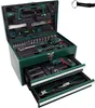 A green metal toolbox filled with various tools, including a drill, wrenches, and sockets, with a keychain in the upper right corner. Produktbild-Vorschau