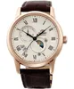 A close-up studio shot of a men's watch with a white dial, Roman numerals, and a brown leather strap. Podgląd zdjęcia produktu