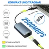 A diagram showing a USB-C to Ethernet adapter connected to a laptop, with callouts for ports and speed. Produktbild-Vorschau