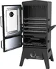 A black gas grill smoker with its door open, showing the interior shelves and hooks. Produktbild-Vorschau