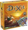 The image shows the front and side of a Dixit board game box, with a vibrant, illustrated scene depicting fantastical elements and the game's title prominently displayed. Produktbild-Vorschau