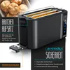A black toaster with a bread roll attachment and a crumb tray, with text overlays highlighting features. Náhled obrázku produktu