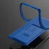A blue phone case with a built-in stand is shown in a close-up shot against a dark gray background. Produktbild-Vorschau