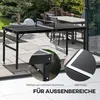 A black foldable mini table tennis table is set up on a paved patio outdoors, with a dining table and chairs in the background. Close-up insets highlight the aluminum frame and MDF plate. Produktbild-Vorschau
