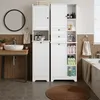 A bathroom scene with two tall white storage cabinets, a sink, and a mirror. Náhled obrázku produktu