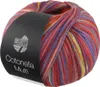 A ball of multi-colored yarn with a label. Produktbild-Vorschau