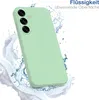 A light green phone case is shown with water splashing around it, suggesting water resistance. Produktbild-Vorschau