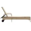A side view of a beige poly rattan sun lounger with wheels and a cushion, set against a white background. Produktbild-Vorschau