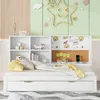 A child's bed with a built-in bookshelf and corkboard, decorated with playful drawings and stars. Produktbild-Vorschau
