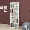 A white bookshelf filled with books and decorative items, placed against a dark brown wall. Produktbild-Vorschau