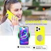 A woman is holding a yellow iPhone case to her ear, and two yellow iPhone cases are shown with wireless charging indicators. Produktbild-Vorschau