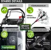 A collage of four images showcasing different features of a lawnmower, with text labels and icons. Produktbild-Vorschau