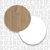 Two overlapping circles, one with a wood grain texture and the other solid white, against a background with repeating text. Produktbild-Vorschau