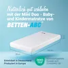 A mattress is shown on a light blue background with text and dimensions overlaid. Produktbild-Vorschau
