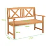 A wooden garden bench with dimensions indicated by measurement lines and text. Voir les images du produit