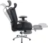 A black ergonomic office chair with a headrest and footrest, shown from the side with ghosted outlines indicating adjustable positions. Voir les images du produit