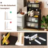 Collage showing a kitchen storage unit and safety instructions. Produktbild-Vorschau