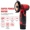 A red and black cordless mini angle grinder with various icons and text describing its features. Náhled obrázku produktu