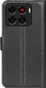 A black leather flip case for a smartphone, showing the camera cutout on the back. Produktbild-Vorschau