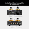 A diagram showing the front and back of a Fosi Audio tube phono preamplifier. Produktbild-Vorschau