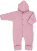 A pink baby overall with a hood and wooden buttons, laid flat against a white background. Produktbild-Vorschau
