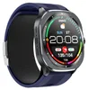 A close-up, angled view of a blue smartwatch with a dark gray bezel and a black textured strap. The watch face displays the time, date, weather, and health metrics. Náhled obrázku produktu