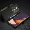 A black leather wallet-style phone case is open, showing the phone screen and card slots. Produktbild-Vorschau
