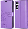 A purple flip case for a smartphone is shown from the front and back. Produktbild-Vorschau