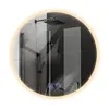 A round illuminated mirror reflecting a modern shower enclosure with a rain shower head and handheld shower. Produktbild-Vorschau