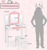 A children's vanity set with a stool, shown with dimensions and a silhouette of a child wearing a crown. Náhľad obrázku produktu