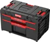 A black and red Qbrick System ONE Drawer 2 Plus Toolbox 2.0 with two drawers is shown from a slightly elevated front-left angle. Produktbild-Vorschau