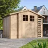 A wooden garden shed with double doors and windows, set in a garden with a paved patio and grass. Náhled obrázku produktu
