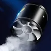 A black cylindrical fan with silver blades is shown with white smoke or vapor being expelled from it, against a dark blue background with blue light rays. Náhled obrázku produktu