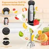 A black hand blender with various fruits and liquids splashing around it, with inset images highlighting features. Produktbild-Vorschau
