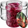 Three glass jars, one filled with red cabbage, and a decorative lid with tomatoes and cucumbers. Náhled obrázku produktu