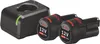 A black Bosch battery charger and two 12V lithium-ion batteries are shown against a white background. Podgląd zdjęcia produktu