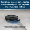 A black robot vacuum cleaner is shown on a light gray floor with a blue cleaning pad. Produktbild-Vorschau