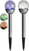 Two solar garden lights with cracked glass globes, one lit with blue light, the other with white light. Inset images show the lights with green and red illumination. Produktbild-Vorschau
