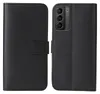 A black flip case for a smartphone is shown open, displaying the inside of the case and the back of the phone with its camera module. Produktbild-Vorschau