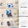Three distinct sections showing a white desk with a product stand being used for a tablet, laptop, and book. Diagrams illustrating the product's function are shown to the right of each section. Náhľad obrázku produktu