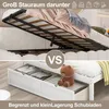 A split image showing two different types of bed storage. The top shows a bed frame lifted to reveal large under-bed storage space. The bottom shows a bed with drawers underneath, containing folded clothes and a teddy bear. Podgląd zdjęcia produktu