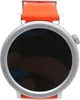A close-up view of a smartwatch with an orange strap. Voir les images du produit
