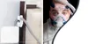 A split image showing a CPAP hose holder on the left and a man wearing a CPAP mask on the right. Produktbild-Vorschau