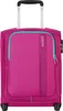 A studio shot of a pink American Tourister trolley suitcase.