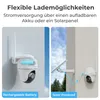 The image shows two ways to power a security camera: with a rechargeable battery and with a solar panel. Produktbild-Vorschau