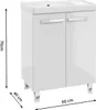 A white freestanding bathroom cabinet with a sink and drainer, shown from the front with dimensions indicated. Náhled obrázku produktu